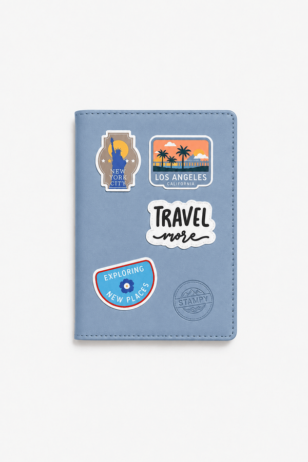 Pack Voyage Amérique du Nord: Protège Passeport Bleu Poudré & 4 Stickers